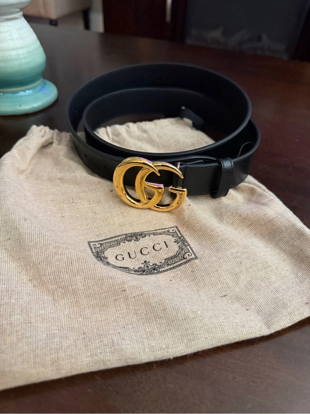 Gucci Black Leather Belt with Gold Double-G Buckle